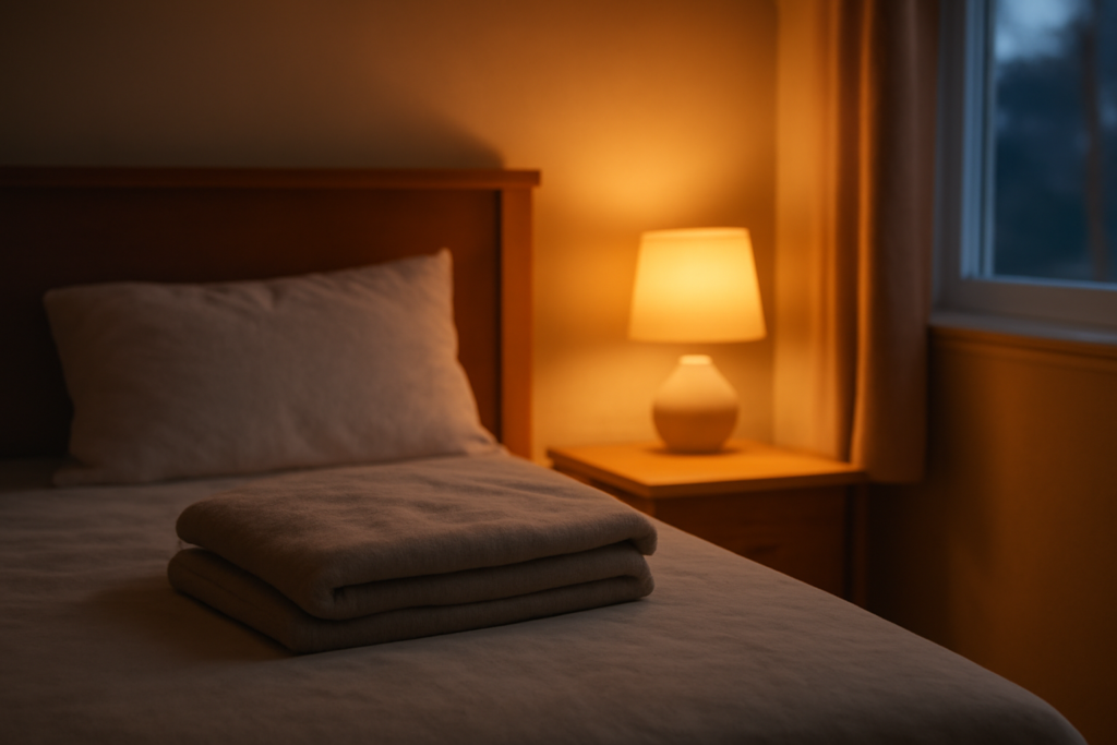 Kamar tidur nyaman dengan lampu hangat dan selimut terlipat di atas tempat tidur