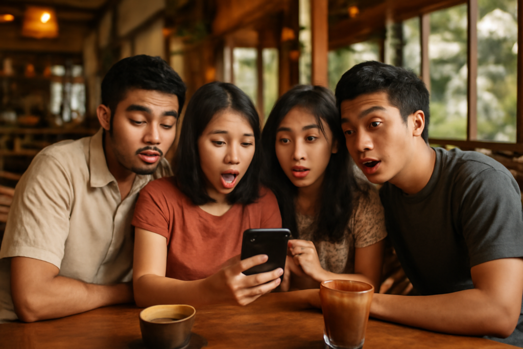 Sekelompok teman sedang melihat berita viral di ponsel dengan ekspresi kaget di kafe.